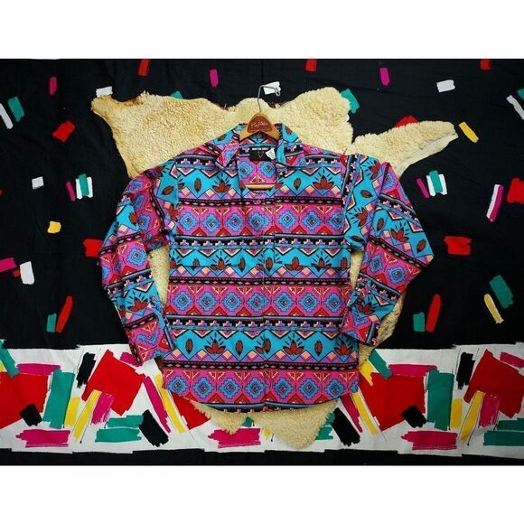 Vintage Tops - Vtg 1980s 90s NAVAJO Turquoise Pink ALL-OVER Print BRUSHPOPPER Rodeo Shirt Sz S